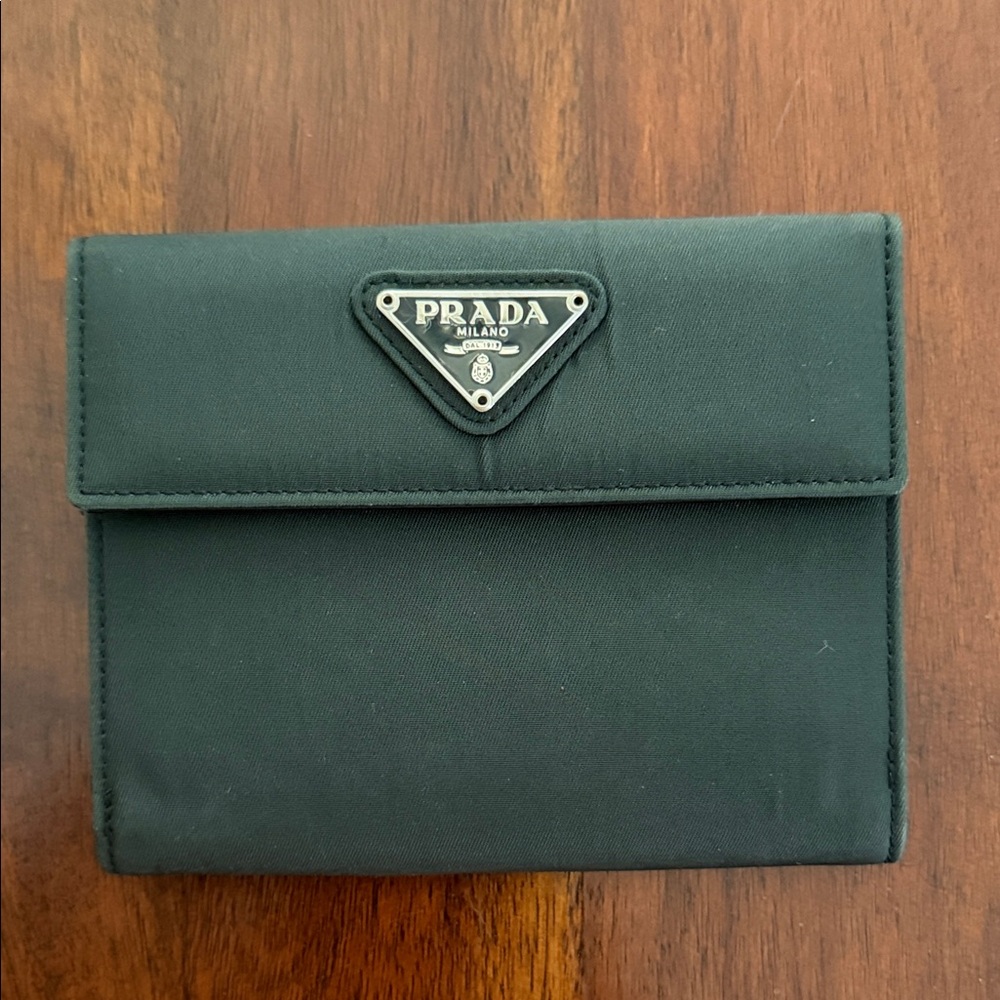 Prada Green Nylon Compact Wallet with Silver Logo